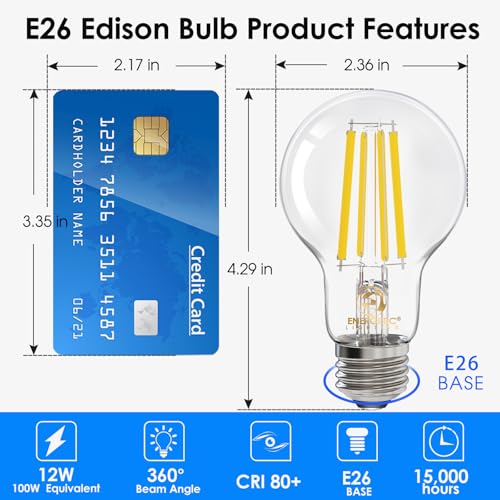Energetic Dimmable A19 LED Edison Light Bulb, 12W Equivalent 100W, 1600LM High Brightness, 5000K Daylight, Clear Antique LED Filament Bulb for Home, Bathroom, E26 Standard Base, 4-Pack - size: 4 Count ( Pack of 1)
