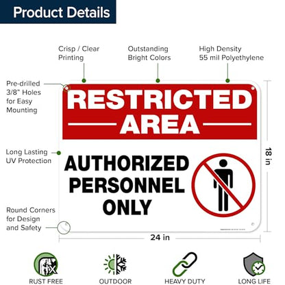 Restricted Area Authorized Personnel Only Sign, 18x24 Inches, 55 mil thick - size: 18x24 Polyethylene