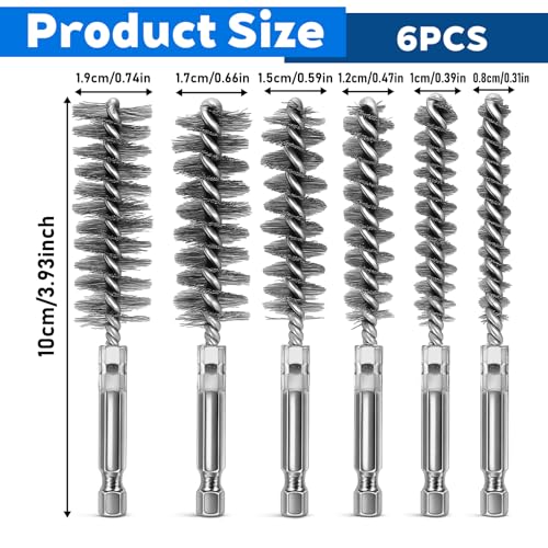 6 Pcs Stainless Steel Bore Brush Copper Pipe Cleaner, 6 Size Twisted Wire Cleaning Brush Set with 1/4 Inch Hex Shank for Cleaning Tubes Rust Bearings(8, 10, 12, 15, 17, 19mm)