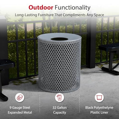 Leisure Craft 32 Gallon Commercial Outdoor Trash Can, Metal, Made in USA - color: Gray