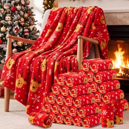 Kinlop 40 Pcs Christmas Throw Blankets Bulk Xmas Soft Cozy Lightweight Fleece Blanket Winter Holiday Blankets for Couch Bed Sofa Home Donation 50 x 60 Inch (Red Reindeer) - color: Red