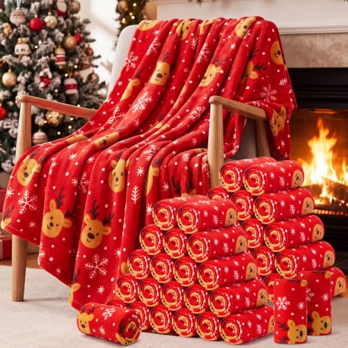Kinlop 40 Pcs Christmas Throw Blankets Bulk Xmas Soft Cozy Lightweight Fleece Blanket Winter Holiday Blankets for Couch Bed Sofa Home Donation 50 x 60 Inch (Red Reindeer) - color: Red