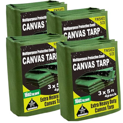 4 Pack 16oz Small Heavy Duty Canvas Tarp 3x5 Feet Water-Resistant - color: 28mil-green, size: 3x5 Feet 4 Pack-Finished size