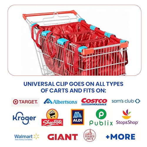 Handy Sandy Cart Caddy – 3-Pack Reusable Shopping Bags with Cart Clips | Heavy-Duty Grocery Organizer Tote Set | Eco-Friendly, Foldable, 40 lb Capacity | Red - color: Bright Red
