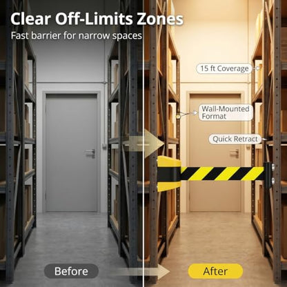 QWORK 2 Pack Magnetic Wall Mount Retractable Belt Barrier 15ft Yellow ABS Case – Heavy Duty Safety Line for Warehouse Aisles, Loading Bays & Hallways – Retractable Crowd Control Barrier