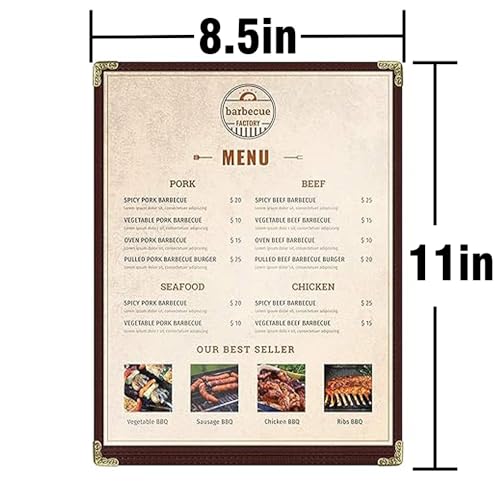 Brown, 25 Pack,1 Page / 2 Views - 8.5" x 11", Cafe Style Menu Cover, Top-Loading Double Stitched Edge, Crystal Clear Vinyl Menu Holder with Gold Decorative Corners - color: Brown, size: 1 Page / 2 Views - 8.5" x 11"