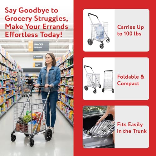 dbest Products Cruiser Cart Deluxe 2 - Foldable Shopping Cart with Wheels & Brake System - Heavy Duty Collapsible Utility Cart for Groceries & Laundry - Holds 100 lbs - Silver, Alloy Steel - color: Silver, style: Deluxe 2