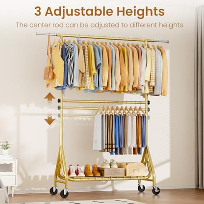 Heavy Duty Clothes Rack for Hanging Clothes, Double Rods Clothing Rack with Lockable Wheels, Rolling Garment Racks with Shelf, Easy to Assemble, Gold - color: Gold, size: Doule Rods