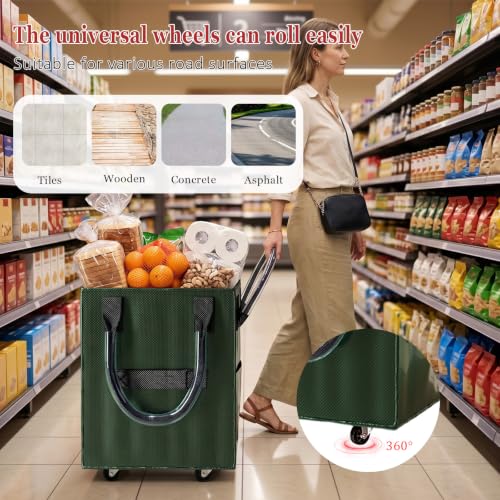 Reusable Grocery Bag on Wheel, Foldable Shopping Cart with Wheels, Can Carry up to 67 Pounds, Suitable for Groceries, Laundry, Camping and Moving. (Green -Medium) - color: Green -Medium
