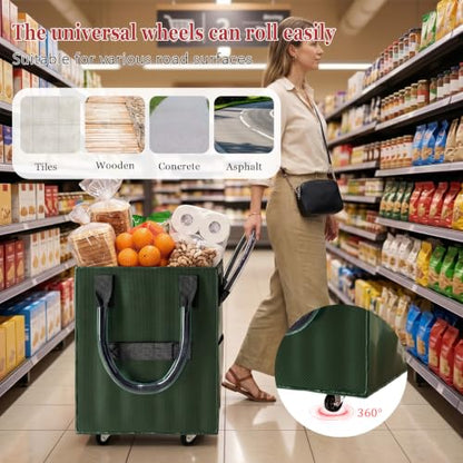 Reusable Grocery Bag on Wheel, Foldable Shopping Cart with Wheels, Can Carry up to 67 Pounds, Suitable for Groceries, Laundry, Camping and Moving. (Green -Small) - color: Green -Small