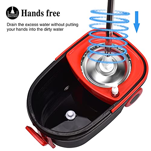 Mop Bucket Set, 360 Spin Stainless Steel Spin Mop Bucket System with 3 Mop Heads, for Floor Cleaning - color: Black Red