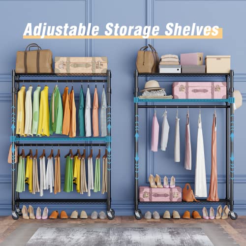 Homdox Double Rod Closet 3 Shelves Wire Shelving Clothing Rolling Rack Heavy Duty Garment Rack with Wheels and Side Hooks - color: Black, size: 17.72"D x 47.24"W x 80.71"H