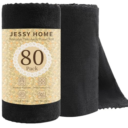 80 Pack Microfiber Cleaning Cloth Roll Reusable Paper Towels 12"x12" Black Tear Away Cloth, Microfiber Towels for Cars, Wash Cloths, Lint Free Rags for House, Kitchen,Window,Cleaning Supplies - color: Black