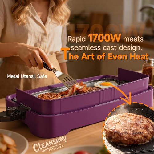 Cleansnap Everyday Electric Griddle, Great Gift for Family Feasts - 20” Nonstick Grill with Foldable Anti-Mess Shield, Rapid 1700W Heat & PPG Ceramic Coating, Dishwasher Safe, Twilight Purple - color: Twilight Purple