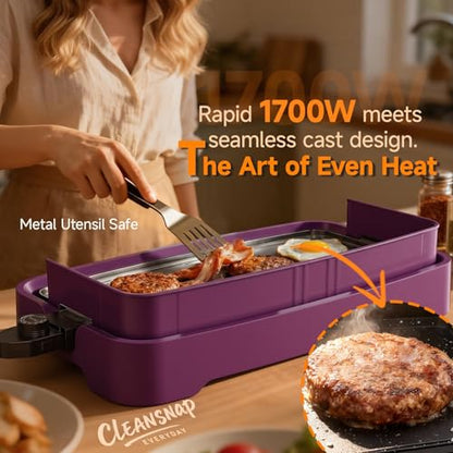 Cleansnap Everyday Electric Griddle, Great Gift for Family Feasts - 20” Nonstick Grill with Foldable Anti-Mess Shield, Rapid 1700W Heat & PPG Ceramic Coating, Dishwasher Safe, Twilight Purple - color: Twilight Purple