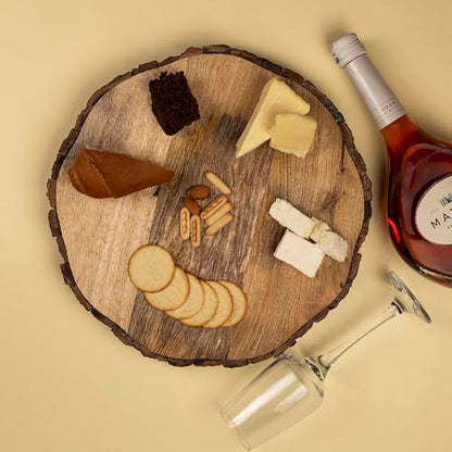 GoCraft Wooden Round Cutting Board with Tree Bark Rim | 1.5" Thick Mango Wood Live Edge Chopping, Prep, Serve Board | Charcuterie Platter - 12.5"