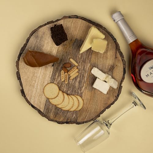 GoCraft Wooden Round Cutting Board with Tree Bark Rim | 1.5" Thick Mango Wood Live Edge Chopping, Prep, Serve Board | Charcuterie Platter - 12.5"