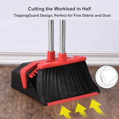 Broom and Dustpan Set for Home, 51" Long Handle Standing Dustpan Black Red - color: Black and Red