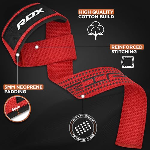 RDX Lifting Straps for Weightlifting –100% Cotton Heavy Duty Gym Wrist Strap with 5MM Neoprene Padding, 60CM Anti-Slip Hand Grip Wraps for Deadlifts Powerlifting Workouts Strength Training, Men Women - color: Dotted Red