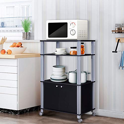 Giantex Rolling Kitchen Bakers Rack Microwave Oven Stand Utility Cart Multifunctional Display Shelf on Wheels with 2-Tier Shelf and Cabinet Spice Organizer for Kitchen Dining Room Furniture (Black) - color: Black