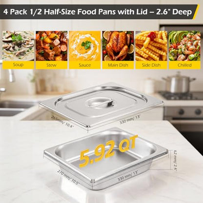 Dyna-Living Hotel Pans with Lids 4 Pack 1/2 Half Size Steam Table Pans - color: With Lids, size: 2.5 Inch Deep
