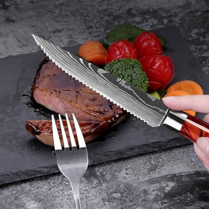 SENKEN Professional 6-Piece Steak Knife Set with Engraved Damascus Pattern, Razor Sharp Blade, High Carbon Steel with Gift Box (Red) - color: Crimson Red