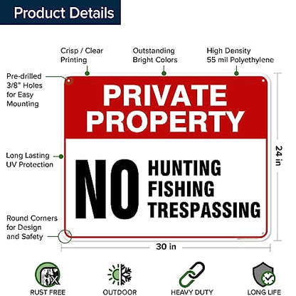 Private Property No Fishing No Hunting No Trespassing Sign, 24x30 Inches, - size: 24x30 - Polyethylene
