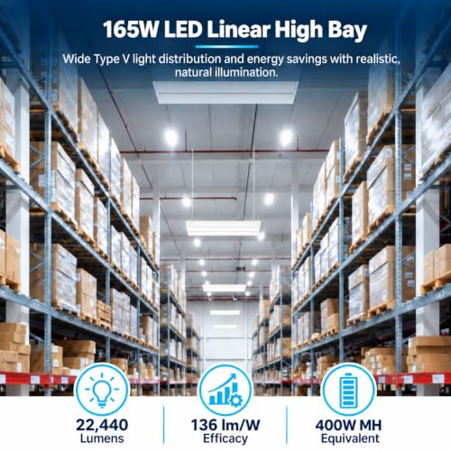 165W Linear LED High Bay Light with PIR Motion Sensor – 22,440 Lumens, 5000K Daylight, 400W Metal Halide Equivalent, UL Damp Rated, 120–277V, Suspended Mount, Warehouse & Industrial Lighting (4 Pack) - color: 4 Pack, size: 165W