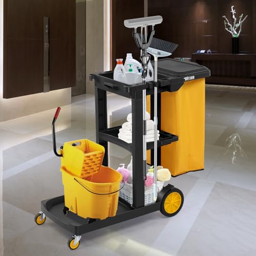 TUFFIOM Commercial Traditional Cleaning 3-Shelf Janitorial Cart, 500 Lbs Capacity Housekeeping Cart, Wheeled with Yellow VinylBag and Cover w Lid, Black, - color: Black