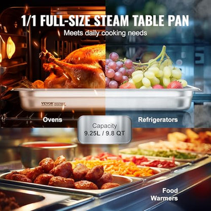 VEVOR 6 Pack Stainless Steel Hotel Pans,2.5-Inch Deep 0.8mm Thick Commercial Food Pans, Anti-Jam Catering Food Storage Metal Pan for Steam Tables, Food Warmer,20.8 x 13 x 2.5inch - size: 1/1 Size, style: 2.5 inch Deep 6 Pack
