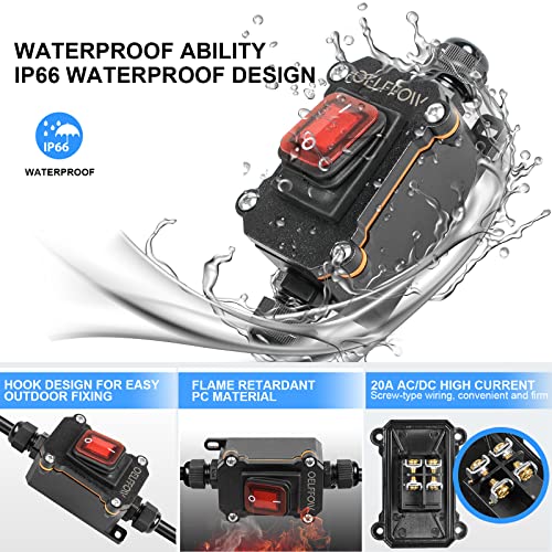Waterproof On Off Toggle Switch Double Outlet with Red Light Rocker Button Inline Cord Switch DPST AC/DC 20A-125V,16A-250V,30A-24V,35A-12V, IP66 - color: Red/1 Switch/2 Outlet