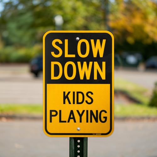 T&R (2 Pack) Slow Down Kids Playing Sign, 18" x 12" Engineer Grade Reflective Sheeting, Rust Free Aluminum, Weather Resistant, Waterproof, Fade Resistant, 2 Pre-drilled Holes - color: 18" x 12" - 2 Pack - Slow Down Kids Playing