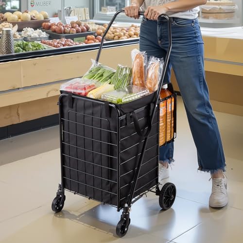 VEVOR Shopping Cart, Folding Grocery Utility Cart with Dual Baskets, Waterproof Liner & Wheels, 100 LBS Large Load Capacity, Heavy Duty Laundry Basket for Laundry, Shopping, Camping, Grocery, Luggage - size: Medium