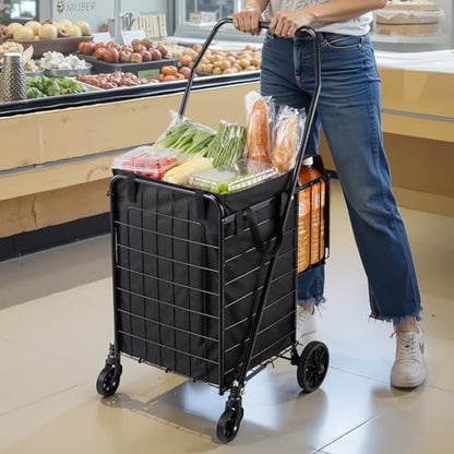 VEVOR Shopping Cart, Folding Grocery Utility Cart with Dual Baskets, Waterproof Liner & Wheels, 100 LBS Large Load Capacity, Heavy Duty Laundry Basket for Laundry, Shopping, Camping, Grocery, Luggage - size: Medium