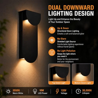 Outdoor Wall Light, Dual Down LED 10W 3000K Hardwired Black Waterproof - color: 11.75''-Black