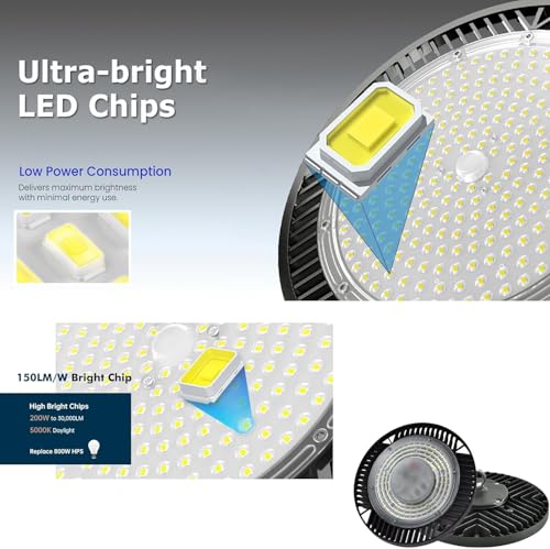 300W-6Pack UFO LED High Bay Light,30000lm 6000K Daylight 2000W Equivalent with US Plug Cable LED Garage Lights Commercial Warehouse Area Light Workshop Garage Factory Lowbay Area Lighting - color: 300W-6Pack