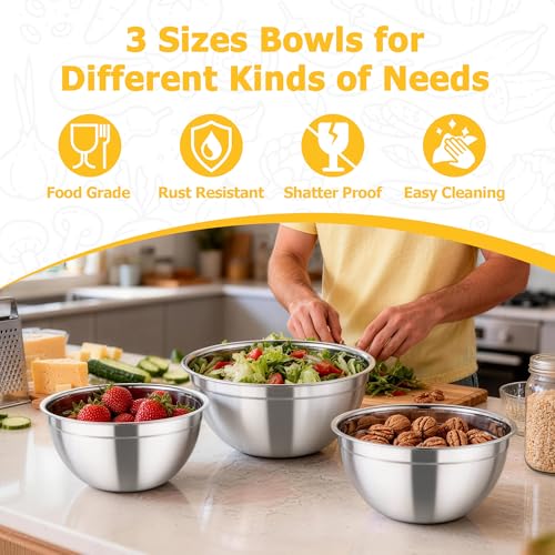TeamFar Mixing Bowls with Lids, 4.5/3/1.5 QT Stainless Steel Nesting Bowls - color: Khaki