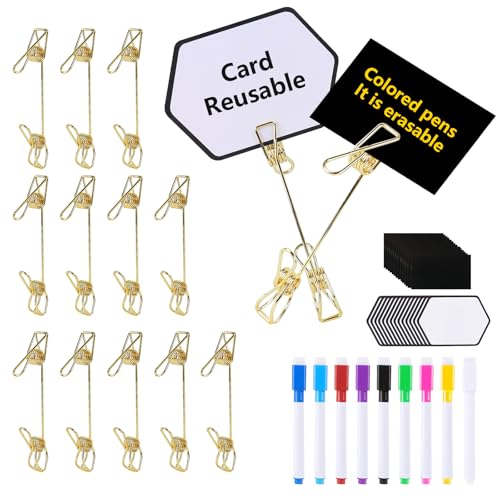 12 Pcs Metal Double Sided Sign Clips, Gold Reusable label holders clips with 9 Colored Markers & 28 Laminated Erasable Cards for Table Numbers, Retail Display, Menu, Photo-Clip-On Sign Holders (Gold) - color: golden