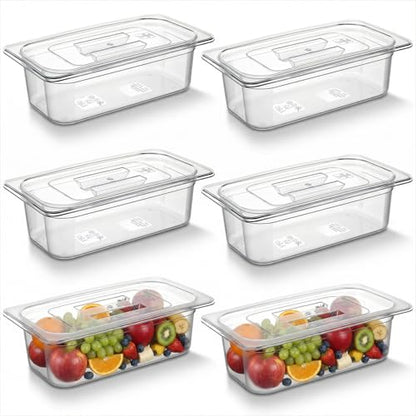 6 Pack 1/3 Size Plastic Clear Food Pans with Lids, 4 Inch Deep Stackable Commercial Food Storage Containers for Kitchen, Restaurant, Cafeteria Foods Prep, 3.77qt/ 3.57L