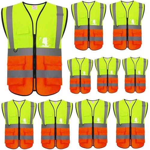 zojo High Visibility Reflective Safety Vest with Multi Pockets 10 Pack Bulk - color: Mix Yellow & Orange, size: 3X-Large
