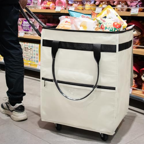 Medium Beige Reusable Grocery Bag on Wheels, Folding Rolling Tote - color: Beige, size: Medium