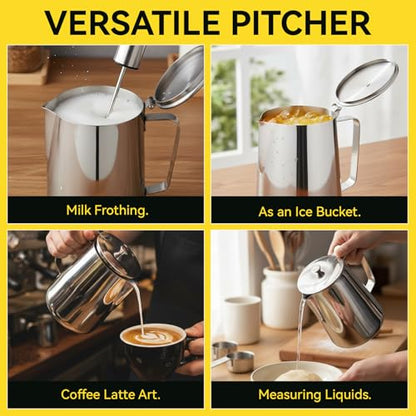Stainless Steel Pitcher with Lid, 70 oz Metal Measuring Cup with Marking with Handle, 2 L Large Mouth Graduated Beakers, Milk Frothing Jug for Latte Art, Iced Tea, Espresso Machines, Water