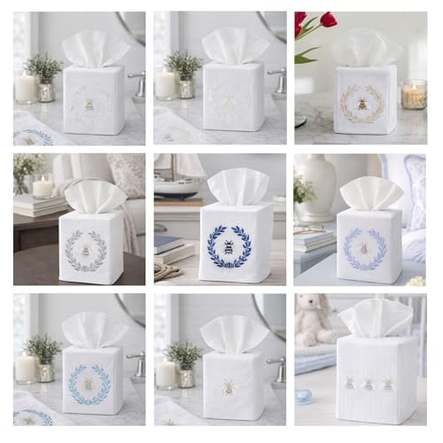 Jacaranda Living Square Tissue Box Cover, Linen/Cotton Fabric Tissue Holder, Decorative Cloth Tissue Cube Cover, Embroidered Bee Designs, Napoleon Bee Wreath (Cream) - color: Napoleon Bee Wreath (Cream)
