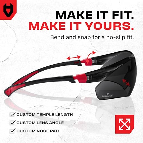 NoCry Safety Sunglasses with Green Tinted Wraparound Lenses; Tinted Safety Glasses for Men and Women with Adjustable Arms & No-Slip Grips; Work Glasses with UV 400 Protection; ANSI Z87.1 Rated - color: Black & Red