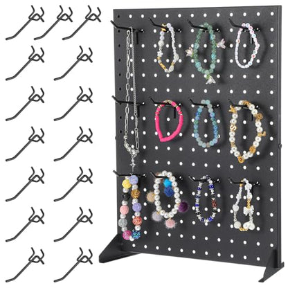 Metal Pegboard Display Stand with 15 Hooks 17x13 Inch Black Tabletop Retail Ornament Display Rack for Jewelry, Accessories, Keychains, Craft Shows, Vendors, Boutiques, and Events