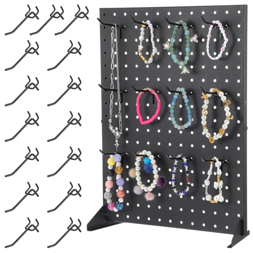 Metal Pegboard Display Stand with 15 Hooks 17x13 Inch Black Tabletop Retail Ornament Display Rack for Jewelry, Accessories, Keychains, Craft Shows, Vendors, Boutiques, and Events