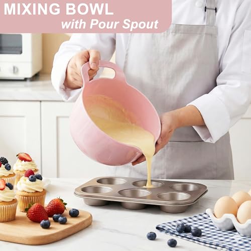 BoxedHome 4 Pack Nesting Mixing Bowl with Pour Spout and Handle, BPA free Microwave & Dishwasher Safe(Pink, 4 Pack with Handle) - color: Pink
