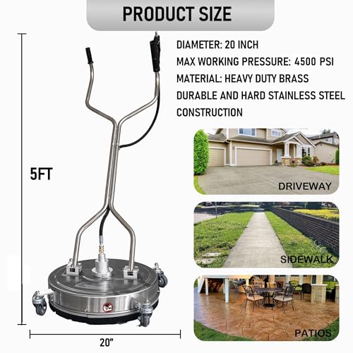 Hourleey 20" Pressure Washer Surface Cleaner with Dual Handles, Stainless Steel Surface Cleaner with 4 Wheels for Driveways, Pathway, Sidewalks, Patios, Decks, 4500 PSI with 3/8" Quick Connector Kit - size: 20 Inch