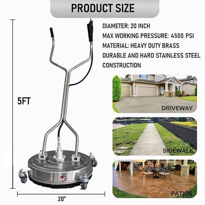 Hourleey 20" Pressure Washer Surface Cleaner with Dual Handles, Stainless Steel Surface Cleaner with 4 Wheels for Driveways, Pathway, Sidewalks, Patios, Decks, 4500 PSI with 3/8" Quick Connector Kit - size: 20 Inch