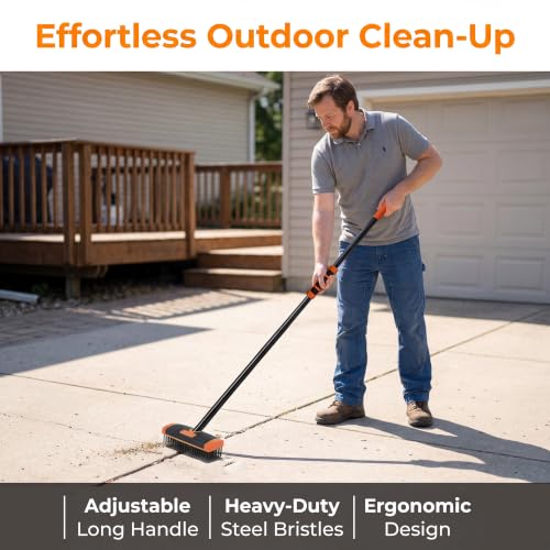 3 in 1 Scrub Brush with Long Handle – Your All-Purpose Deck Brush, Weeding Tool & Concrete Scrubber Tackle Patio Weeds, Floor Stains, Moss, and Rust with one Versatile Set. (Orange) - color: Yellow